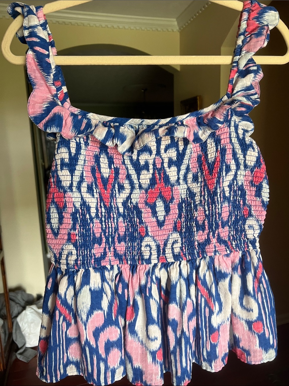 crown & ivy Pink, Blue and White Smocked Ruffle Crop Top